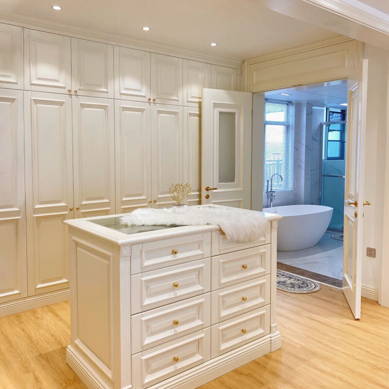 直供法式奶油风衣帽间主卧室美式岛台衣柜实木烤漆开放式别墅全屋