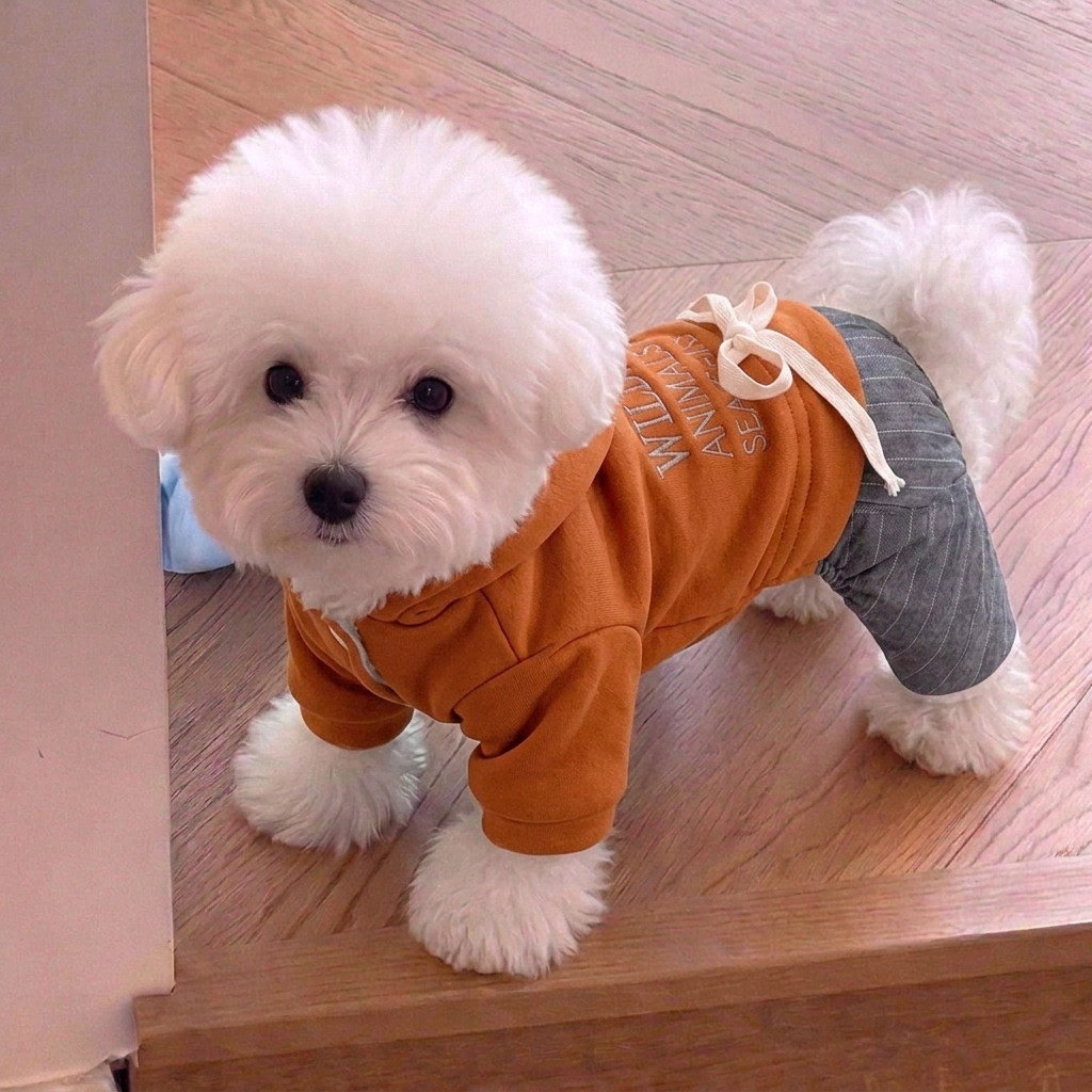 狗狗衣服秋冬连帽四脚衣保暖加厚加绒比熊泰迪中小型犬可牵引棉衣