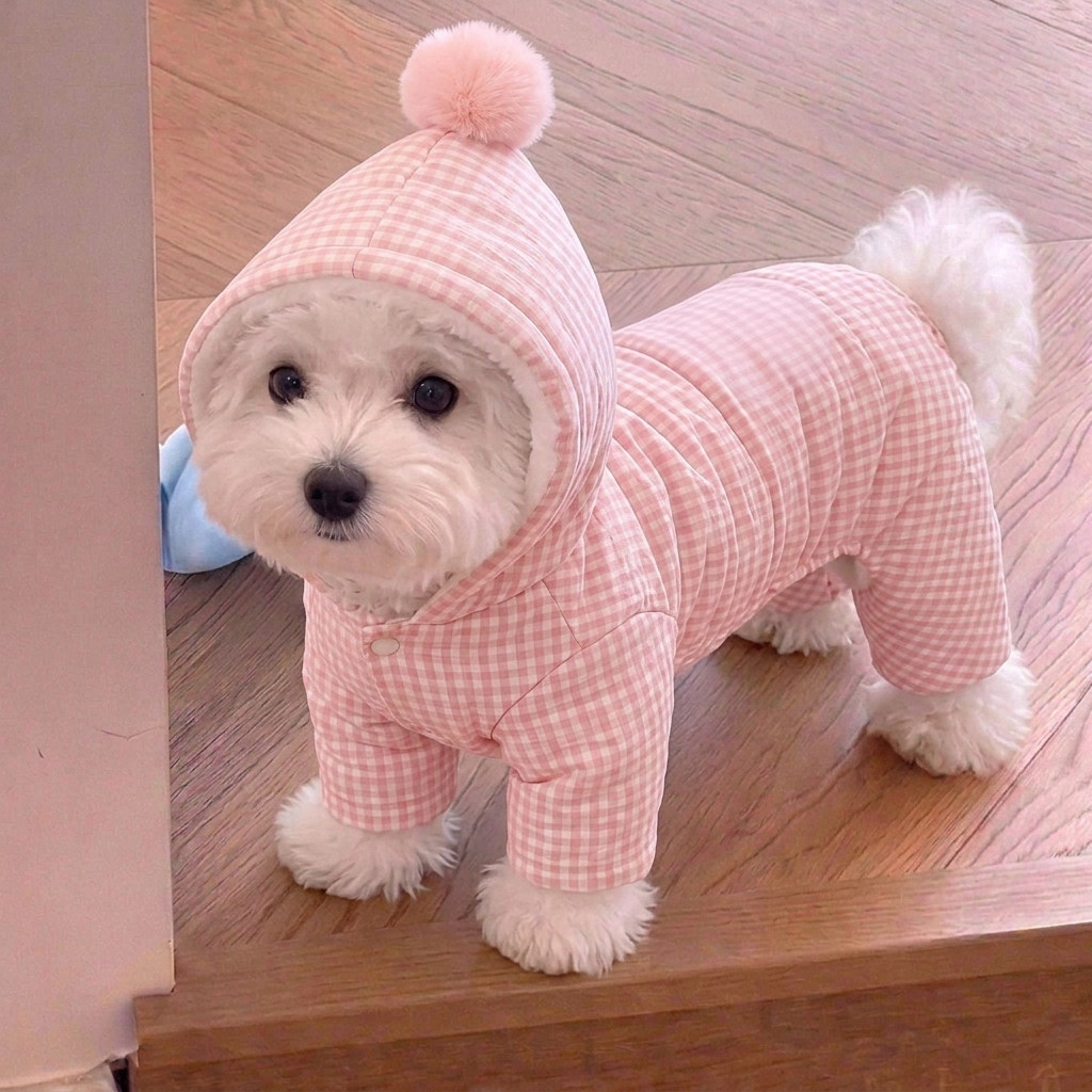 狗狗衣服秋冬连帽四脚衣保暖加厚比熊泰迪中小型犬宠物可牵引棉衣