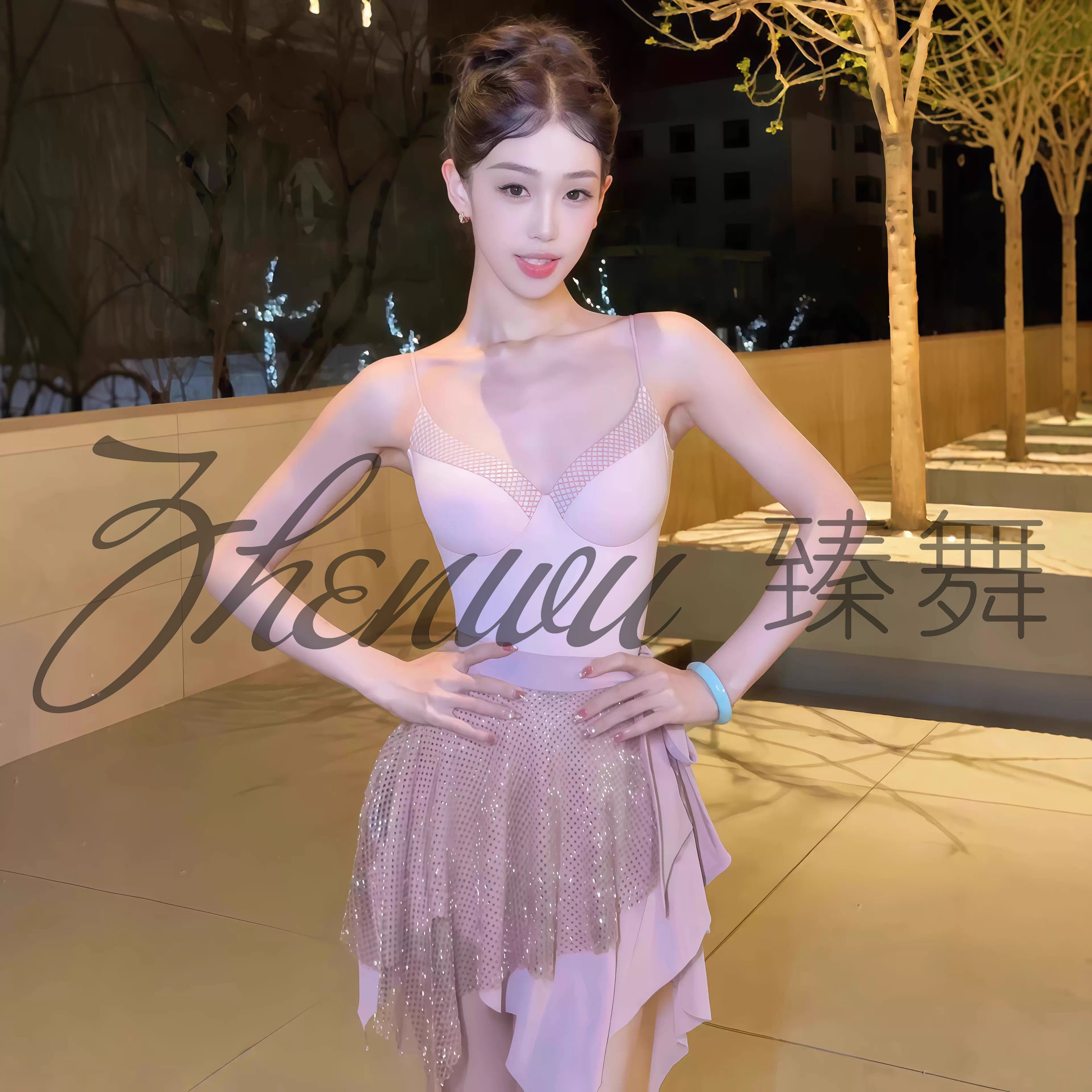 ZHENWU夏季新款拉丁舞服成人女练习服吊带连体上衣系带半身裙钻裙