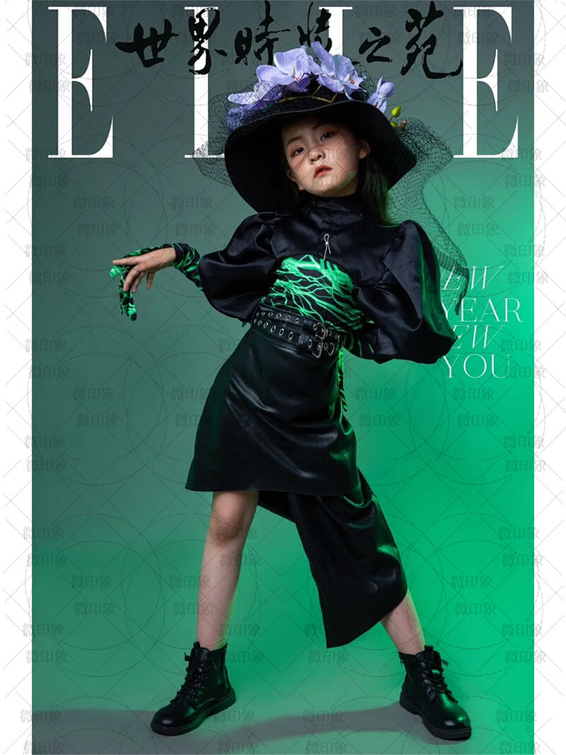 影楼森系新款黑色炫酷潮童模特卡女孩艺术照走秀表演出舞t台服装