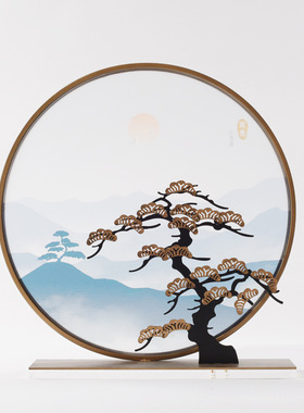 极速新中式铁艺迎客松亚克力w风景屏风酒店玄关摆台展厅售楼部软