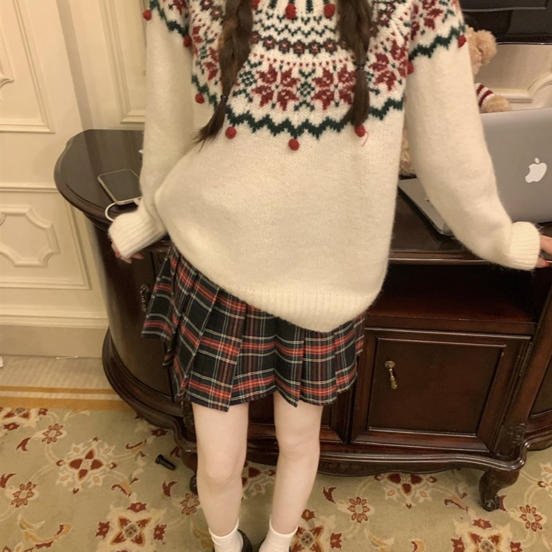 新品氛围感穿搭红色毛衣女秋冬新款复古宽松M慵懒风套头针织衫上