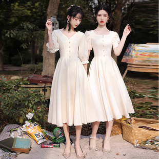 新品香槟色伴娘服夏季简约大气z中长款平时可穿姐妹团小个子姐妹