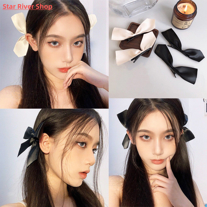 极速2pcs Black White Ribbon Hair Bows Clips VQintage Bowknot