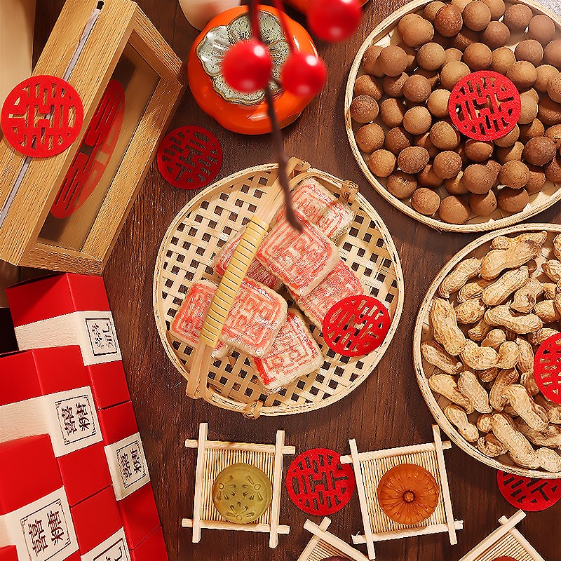 极速创意摆件竹木编织篮子托盘结婚糕点J摆盘订婚摆台喜饼盘家用