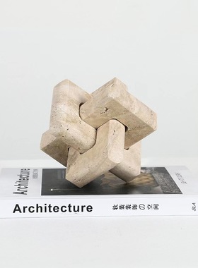 极速现代极简黄洞石环扣魔方摆件样板房家M居客厅书房桌面书镇饰