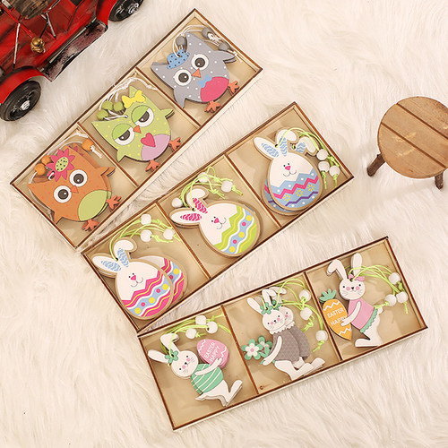 新品9PCS Easter Decorattion Painting Rabbit Pendant Wooden