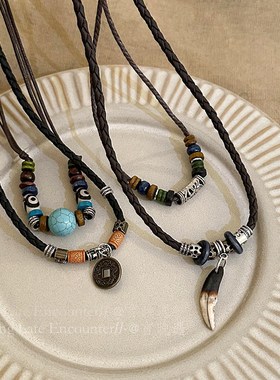 新品藏式狼d牙双层铜钱黑绳项链女新中式复古小众异域民族风百搭