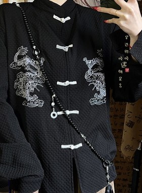 新品国风c长款流苏黑色串珠项链新中式小众复古古风斜挎链毛衣链