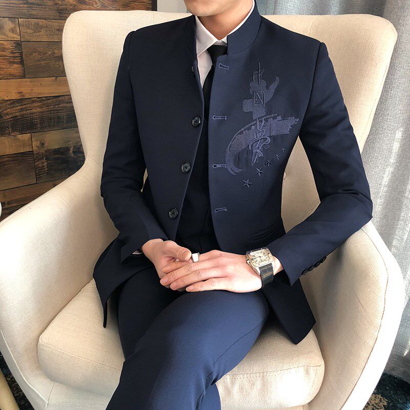 新品中山装男f立领修身韩版潮青年中国风西装男士套装休闲西服唐