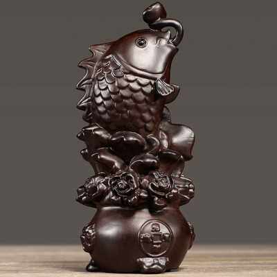 极速新品黑檀木雕年年有余摆件实B木鱼一对客厅聚宝盆花开富贵装