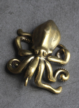 极速实心纯黄铜办公n桌面小摆件鱿鱼古铜茶宠饰品工艺品礼品手把