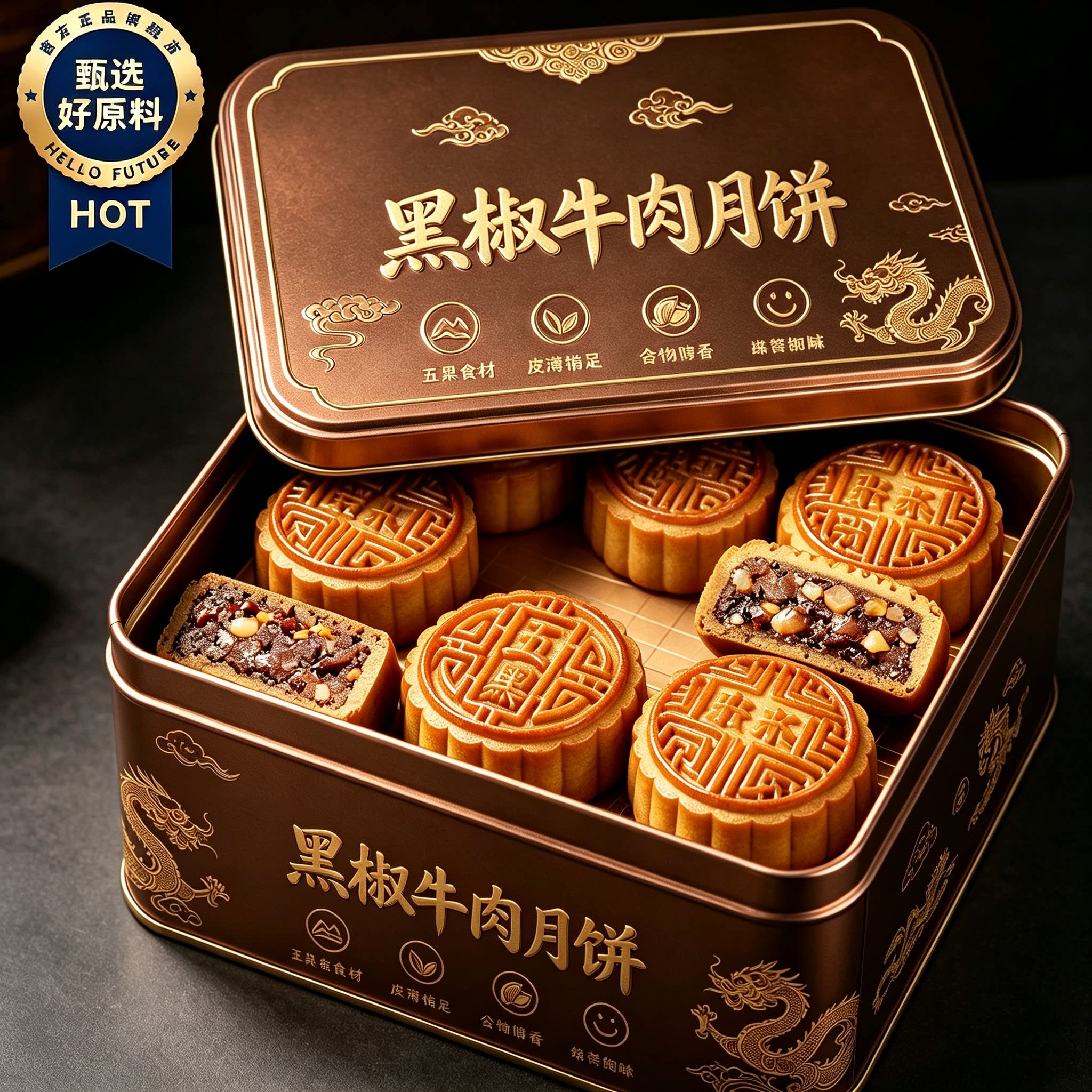 五仁黑椒牛肉月饼广式传统老五仁月饼皮薄馅足独立包装中秋小零食