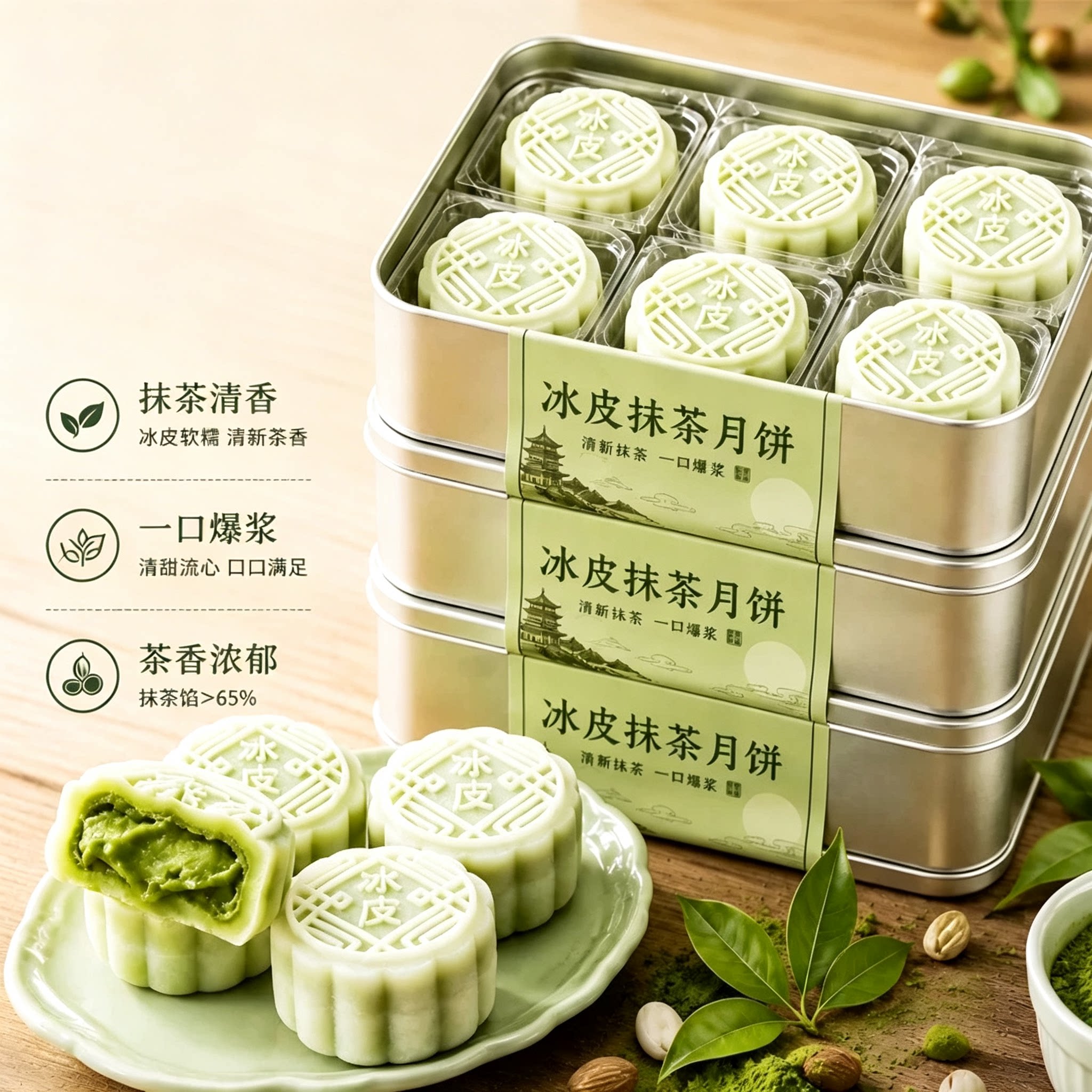 抹茶月饼冰皮龙井馅料月饼爆浆中秋贵州糕点点心雪媚娘官方旗舰店