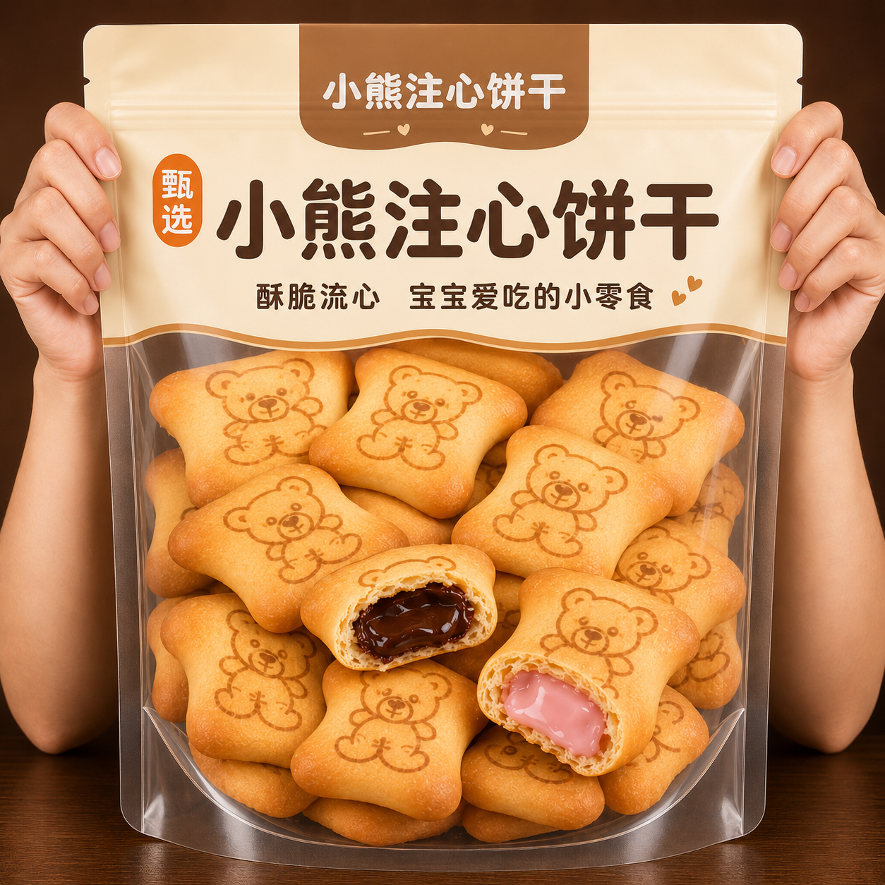 小熊注心饼干儿童零食旗舰店正品独立包装爆浆巧克力草莓夹心饼干