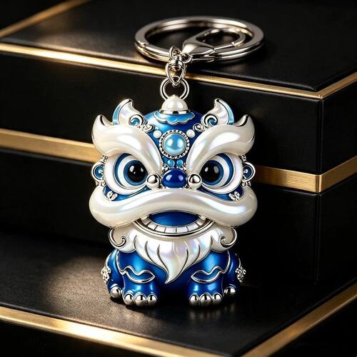 招财佛山醒狮蓝色珐琅钥匙扣