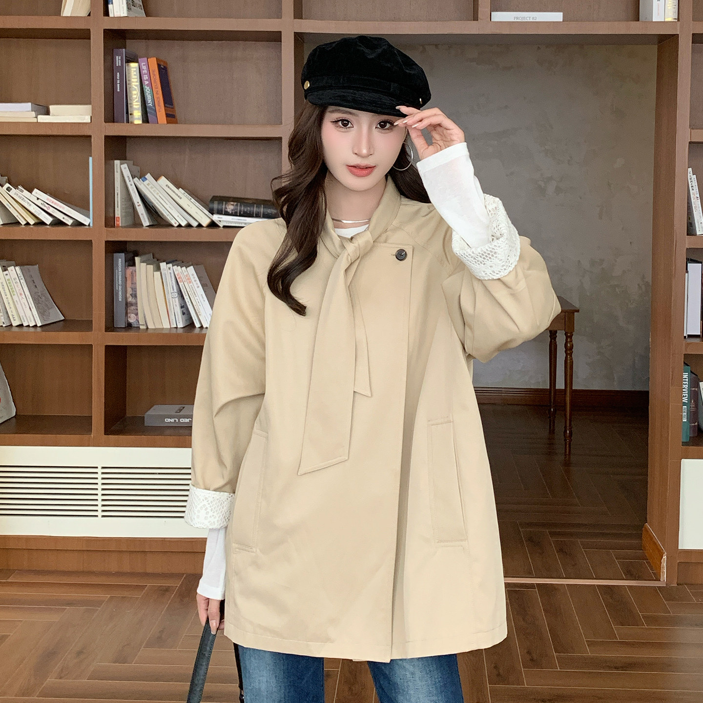 makeART韩系飘带领结风衣女中长款秋季宽松袖口拼接设计感外套女