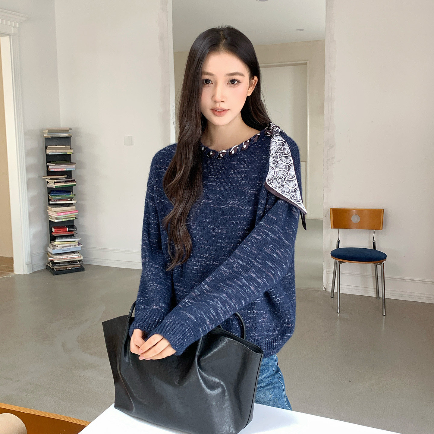 makeART丝巾设计圆领羊毛针织衫女秋冬季慵懒风宽松休闲时尚毛衣