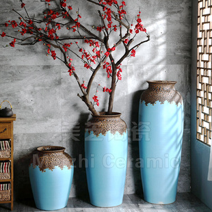 美芝陶瓷大型干枝陶缸摆设落地大花瓶三件套浅蓝色插花器艺术陶罐