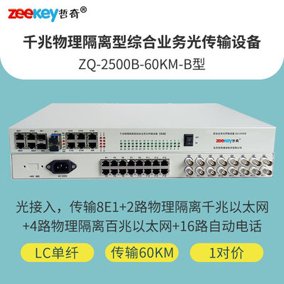 哲奇ZQ-2500B-60KM-B千兆物理隔离型综合业务光端机多业务8E1+2隔