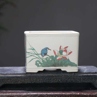 紫砂花盆白段泥绘手绘手工正方形四方荷花鸳鸯盆景盆觅陶乡苏兵制