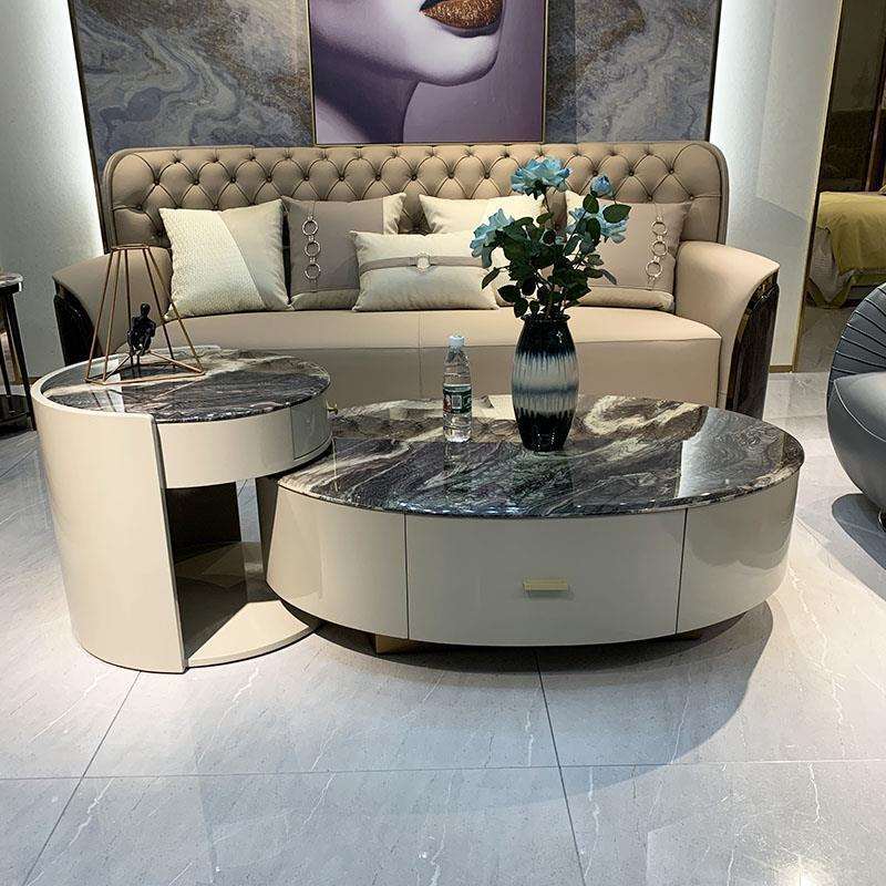 意式轻奢大理石茶几子母组合整装椭圆形装饰柜简约现代茶桌简约灰