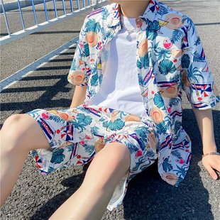 速干潮流学生沙滩直筒短裤 夏季 男宽松r运动套装 五分袖 两件 花衬衫