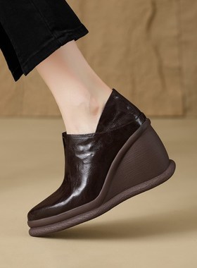 25春新款真皮h厚底尖头英伦风小皮鞋女高跟防水台黑色坡跟懒人单