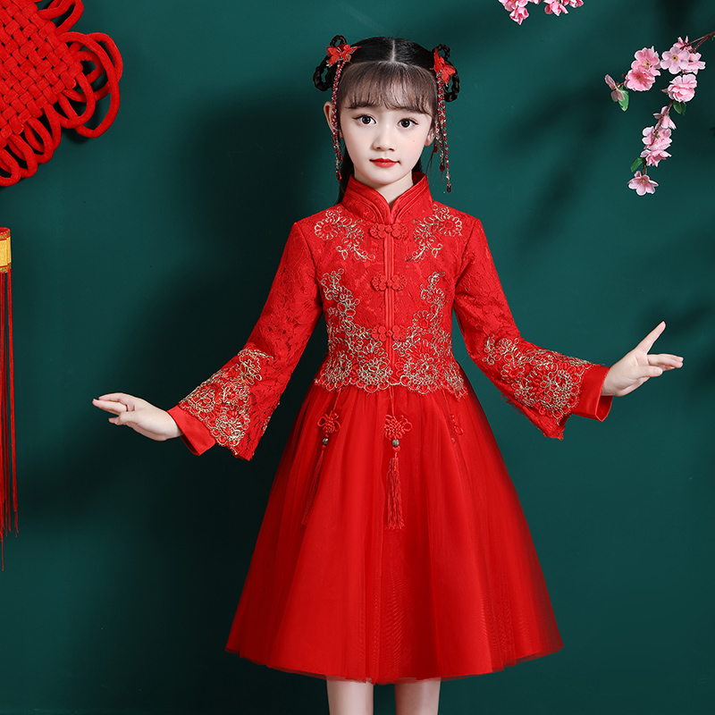 女童洋装冬装加绒中国风旗袍唐装小主持人儿童S礼服过年红色衣服