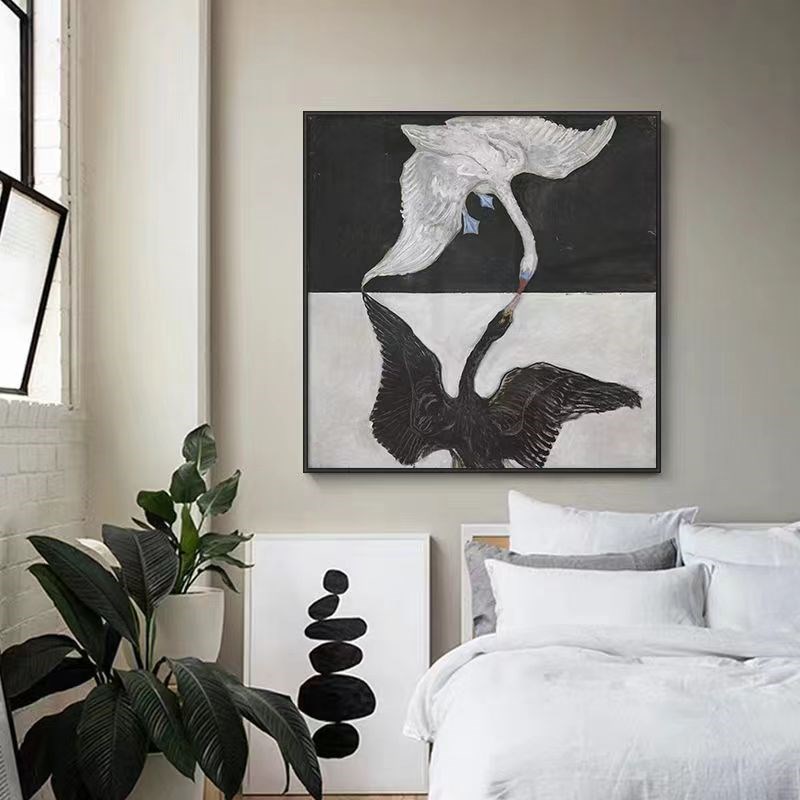 手绘油画客厅黑白天鹅动物装饰画艺术背景墙壁R入户玄关方型挂画图片