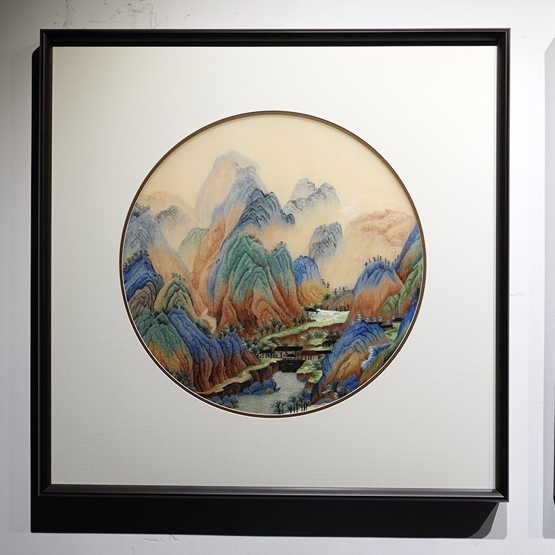 苏绣现代新中式客厅n山水三联刺绣装饰画沙发背景卧室走廊过道挂图片