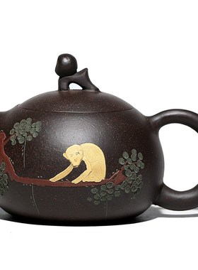 210CC圆松叶松皮紫砂茶具原矿黑金砂泥绘灵O猴西施壶全手工泡茶壶