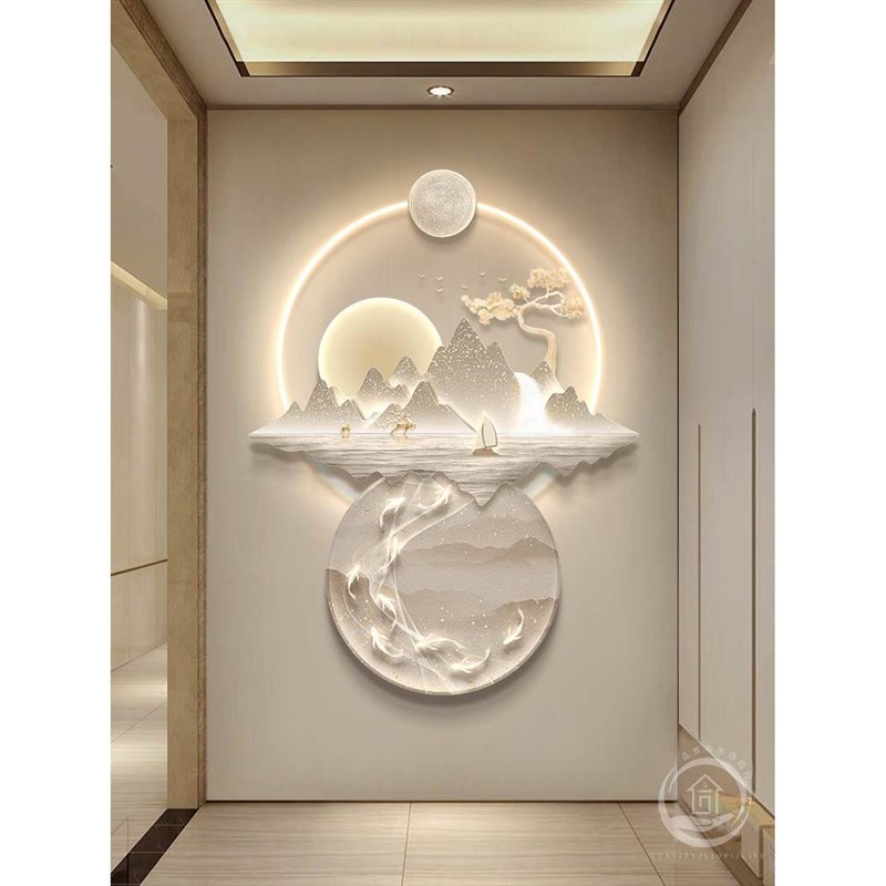 轻奢九鱼图玄关装l饰画入户门背靠金山过道挂画走廊尽头高级感灯
