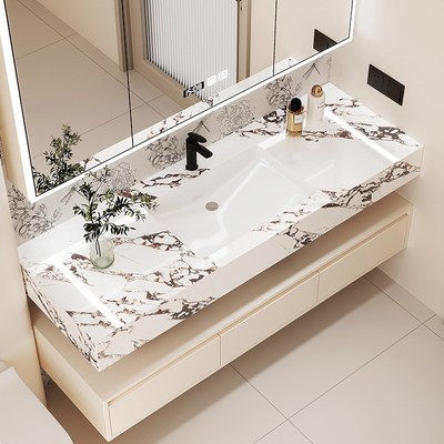 奶油风分体浴室柜组合岩板陶瓷无缝盆卫生间双层一体洗漱台盆镜柜