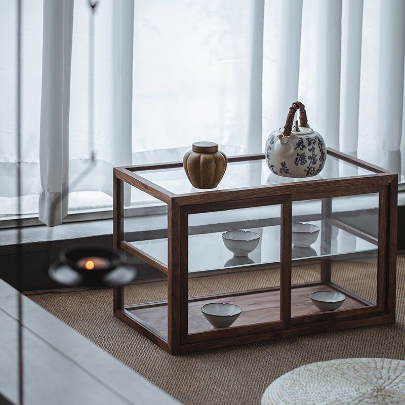 北美黑胡桃木茶具收纳柜实木防尘中式桌面茶杯家用玻璃展示置物柜
