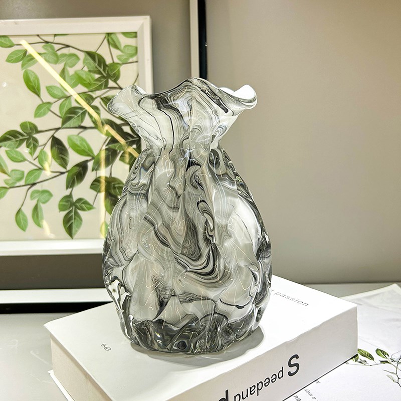 法式中古轻奢高端创意艺术大理石水波纹插K花琉璃玻璃花瓶餐桌摆