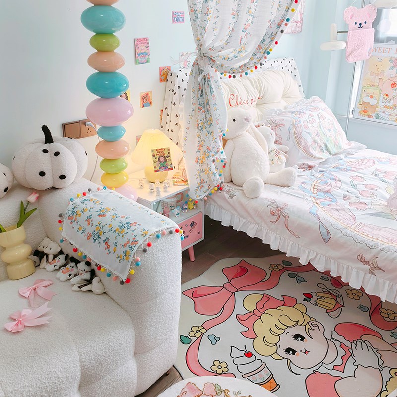 卧室床对门隔断碎花布艺窗帘法式屏风女J孩门帘半遮光免打孔屏风