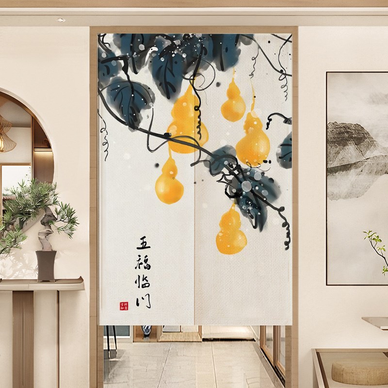 卧室门帘中式布艺半截布s帘免打孔遮挡帘家用免打孔卧室挡风隔断