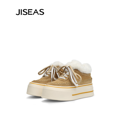 JISEAS2025年冬季新款牛反绒厚底毛毛棉鞋女加绒加毛休闲板鞋