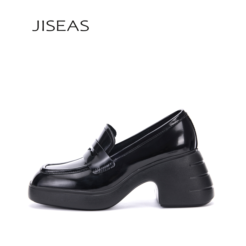 亮丝漆皮厚底粗跟一脚蹬乐福鞋