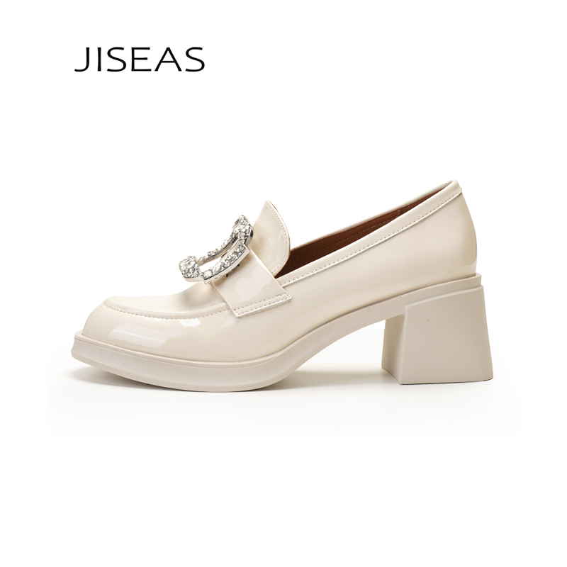 JISEAS粗高跟水钻英伦小皮鞋