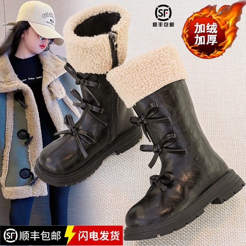 真皮女童马丁靴冬季新款加绒儿童长筒靴洋气女宝骑士靴保暖高筒靴