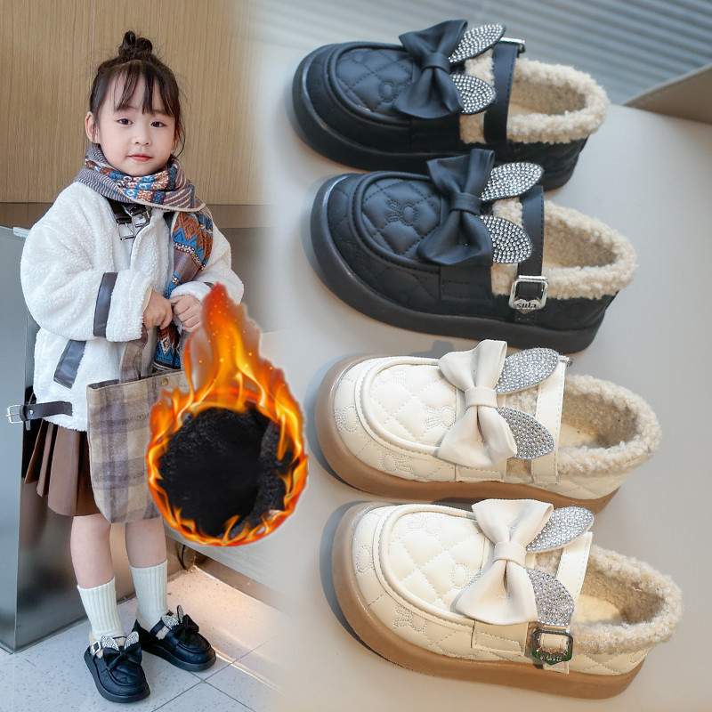 女童加绒小皮鞋2025新款秋冬儿童软底豆豆鞋女宝公主鞋演出单鞋