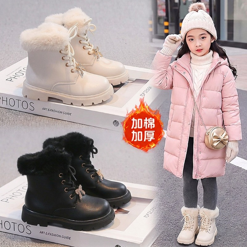女童真皮加绒保暖防滑雪地靴