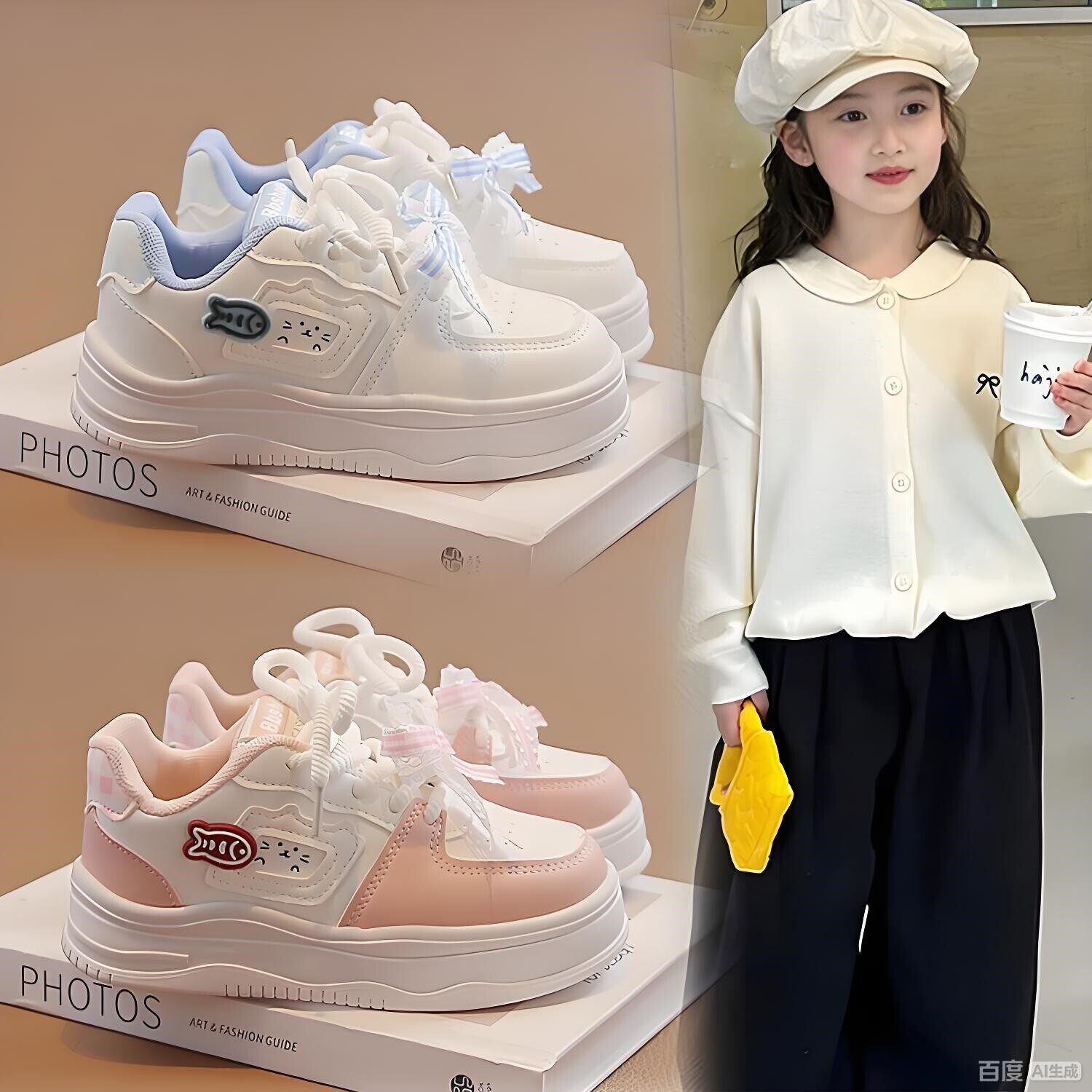 真皮女童小白鞋2026春秋新款校园风蝴蝶结运动鞋轻便厚底休闲板鞋