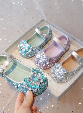 真皮女童水晶鞋冰雪奇缘公主鞋2025春秋新款小女孩软底小皮鞋单鞋