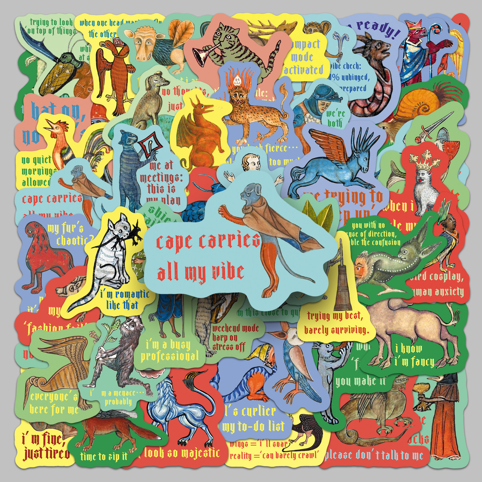 100张复古中世纪搞怪语录创意贴纸趣味卡通涂鸦防水装饰笔记本电脑