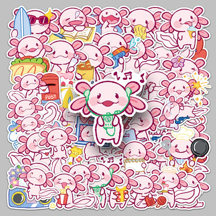 100张原创粉色蝾螈六角恐龙可爱日常贴纸卡通小图案创意DIY防水装饰笔记本电脑保温杯电瓶车头盔衣柜冰箱贴纸