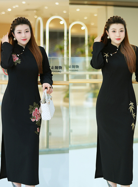 XYD71692中式旗袍裙复古刺绣重工优雅盘扣显瘦大码女装连衣裙